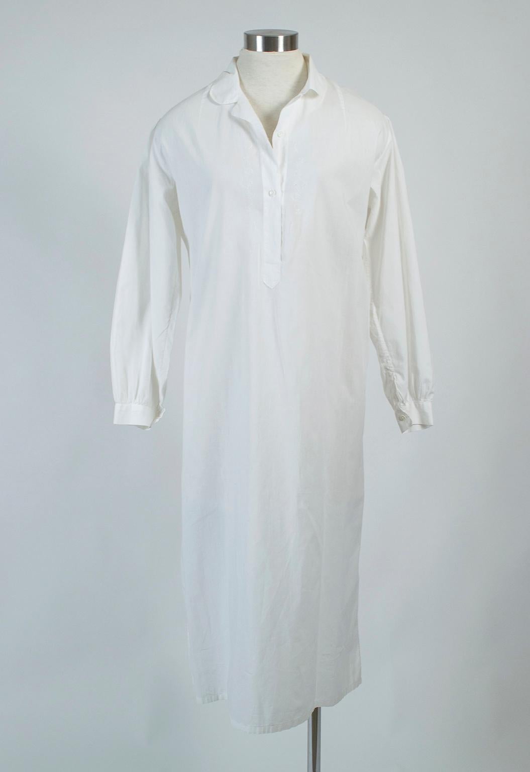 Identical to a contemporary button-front night shirt except this one is over 100 years old and conjures images of a Charles Dickens novel. As bright, white and crisp as it was when it was new, with discrete touch of embroidery and a Peter Pan collar
