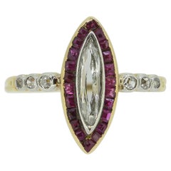 Bague édouardienne avec diamants taille marquise et rubis