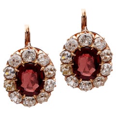 Edwardian Pyrope Spessartine Garnet Diamond 14k Rose Gold Cluster Earrings