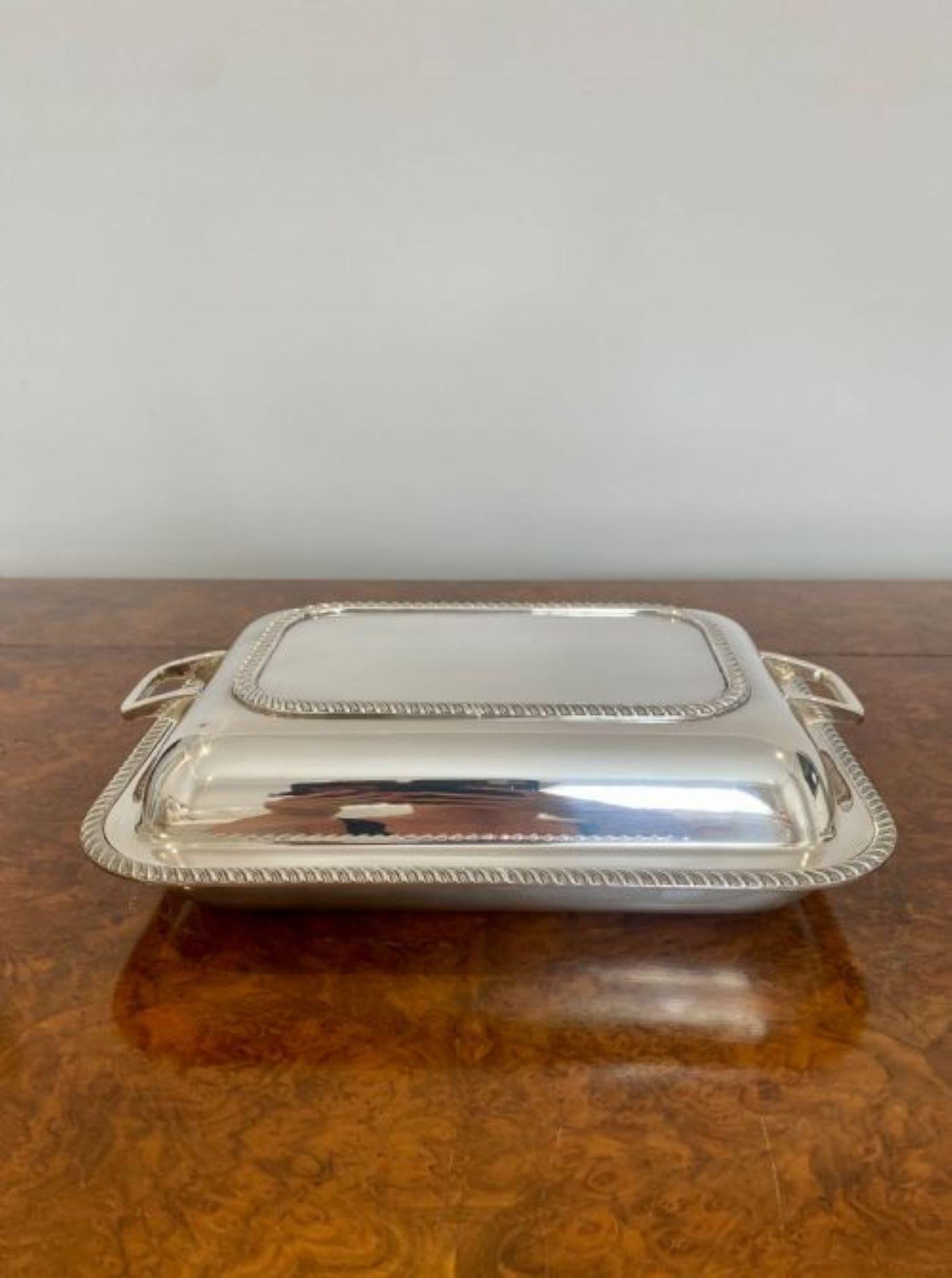Antique Edwardian quality silver plated rectangle entrée dish having a quality rectangle silver plated entrée dish with a lift off lid with two handles 