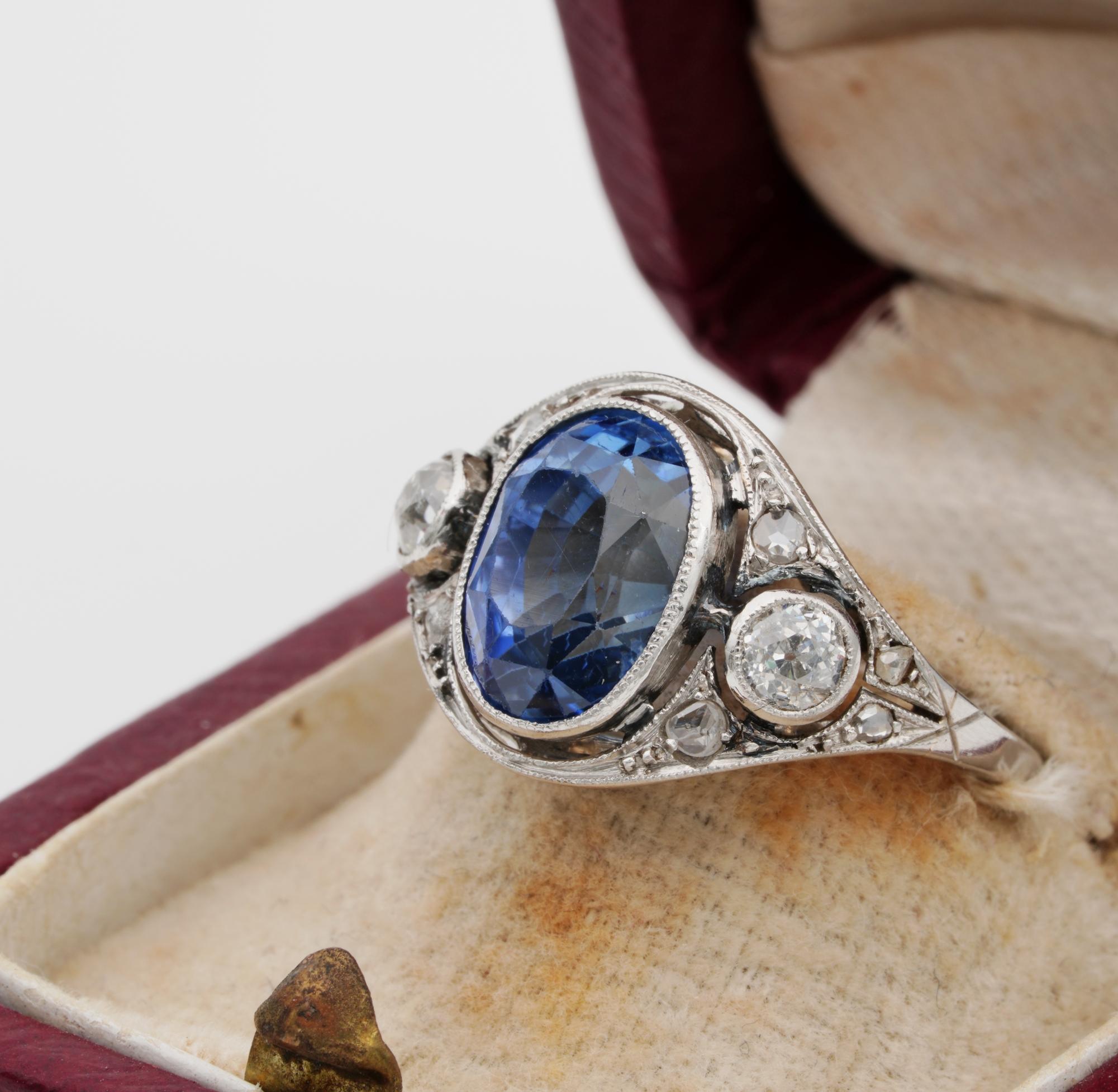 Women's Edwardian Rare 5.40 Carat Natural No Heat Sapphire Diamond Platinum Trilogy Ring