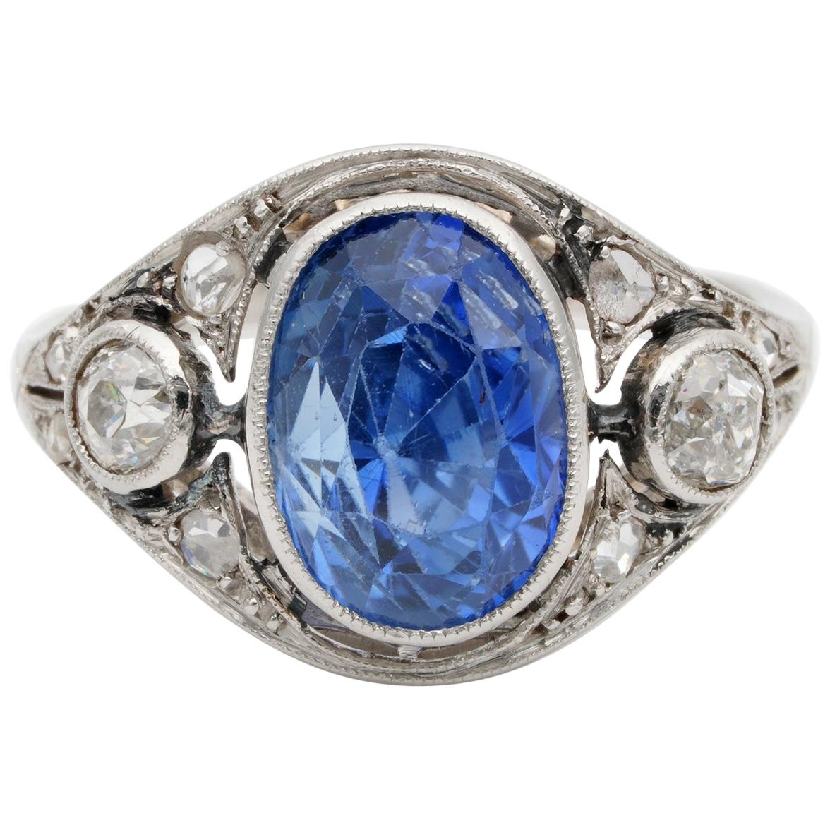 Edwardian Rare 5.40 Carat Natural No Heat Sapphire Diamond Platinum Trilogy Ring