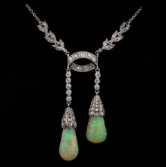 Edwardian Rare Australian Opal Drop Diamond Platinum Negligee Necklace