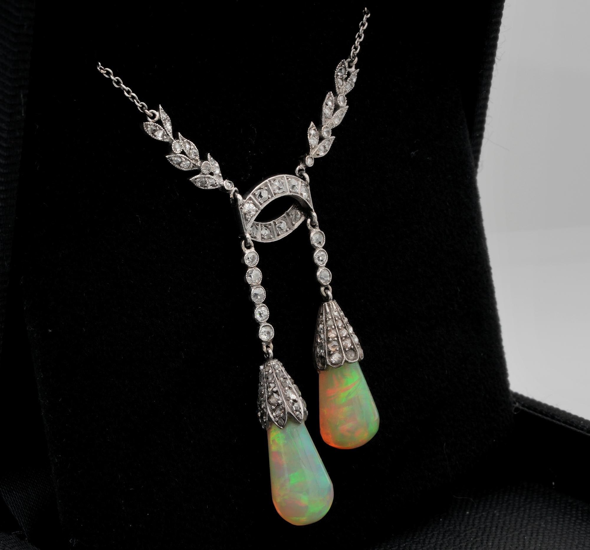 Edwardian Rare Australian Opal Drop Diamond Platinum Negligee Necklace In Good Condition For Sale In Napoli, IT