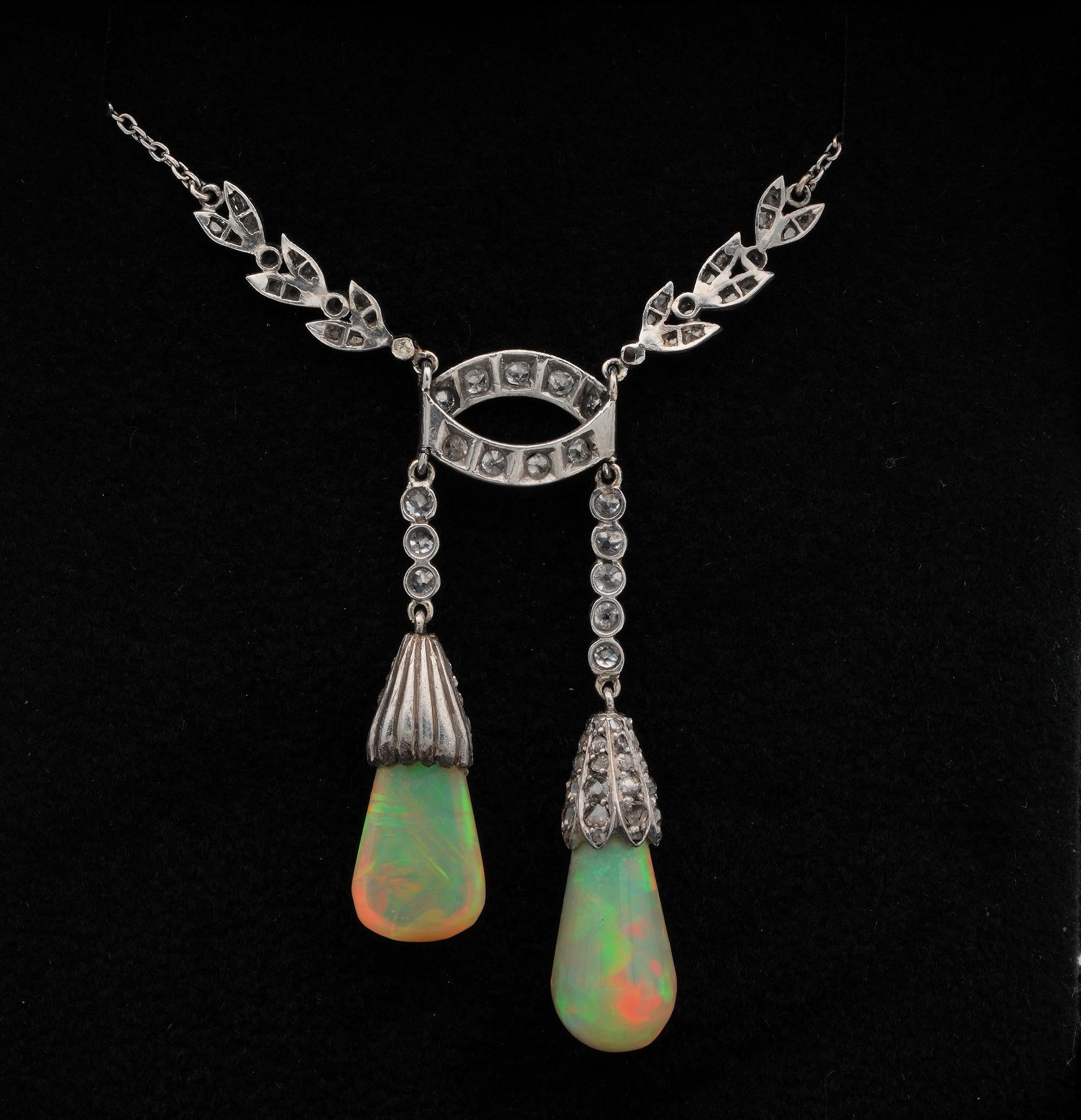 Edwardian Rare Australian Opal Drop Diamond Platinum Negligee Necklace For Sale 1