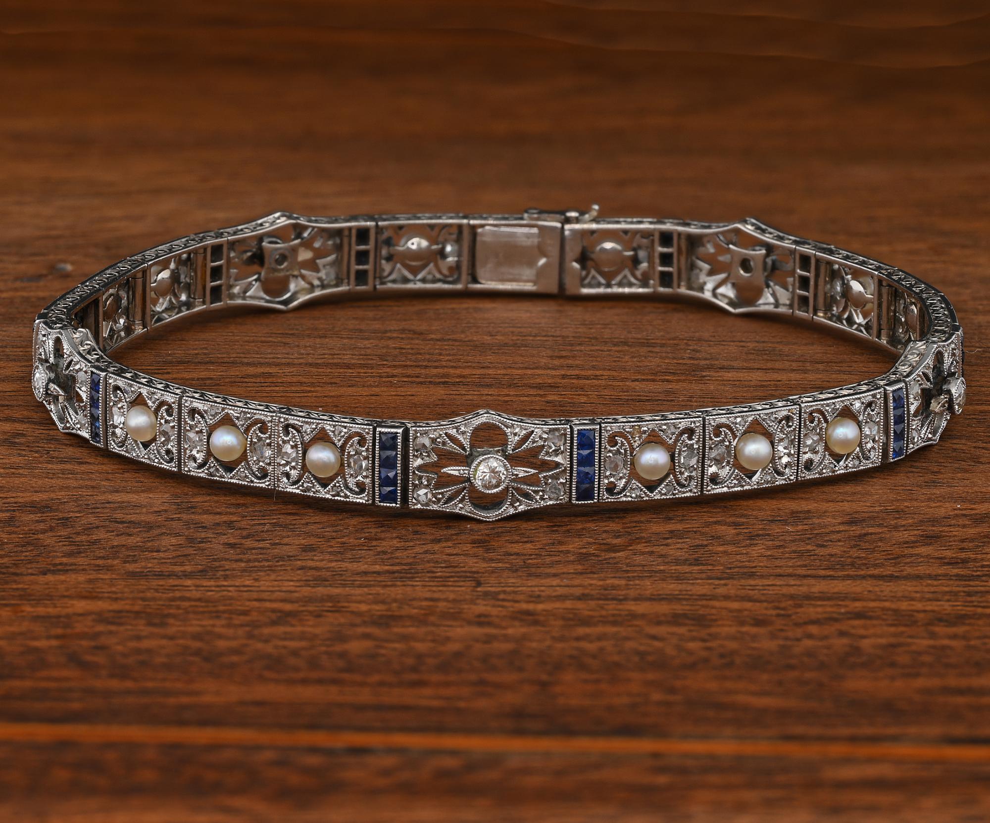 Old European Cut Edwardian Rare Natural Pearl Rose Diamond Sapphire 18 KT Filigree Bracelet For Sale