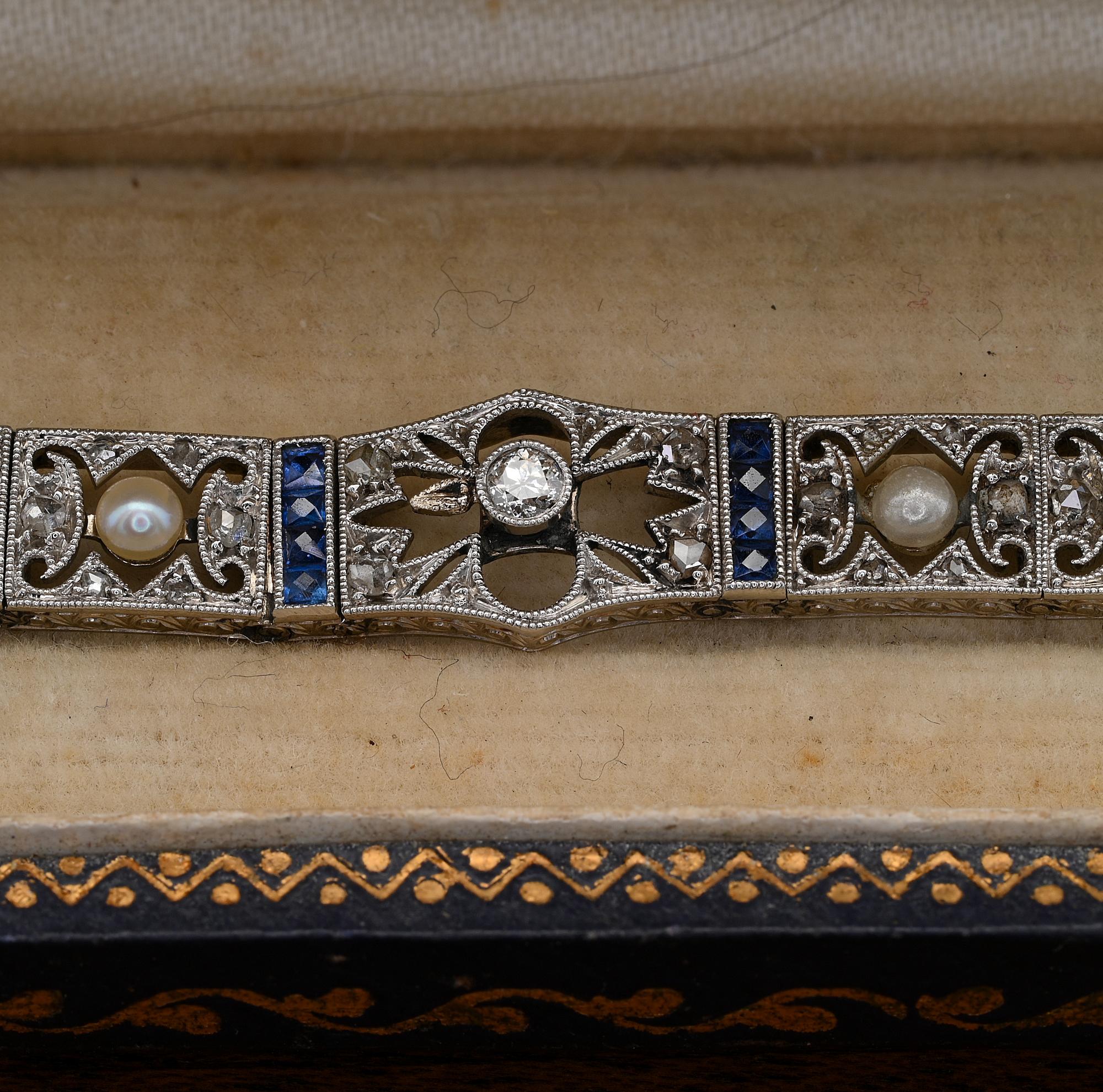 Women's Edwardian Rare Natural Pearl Rose Diamond Sapphire 18 KT Filigree Bracelet For Sale