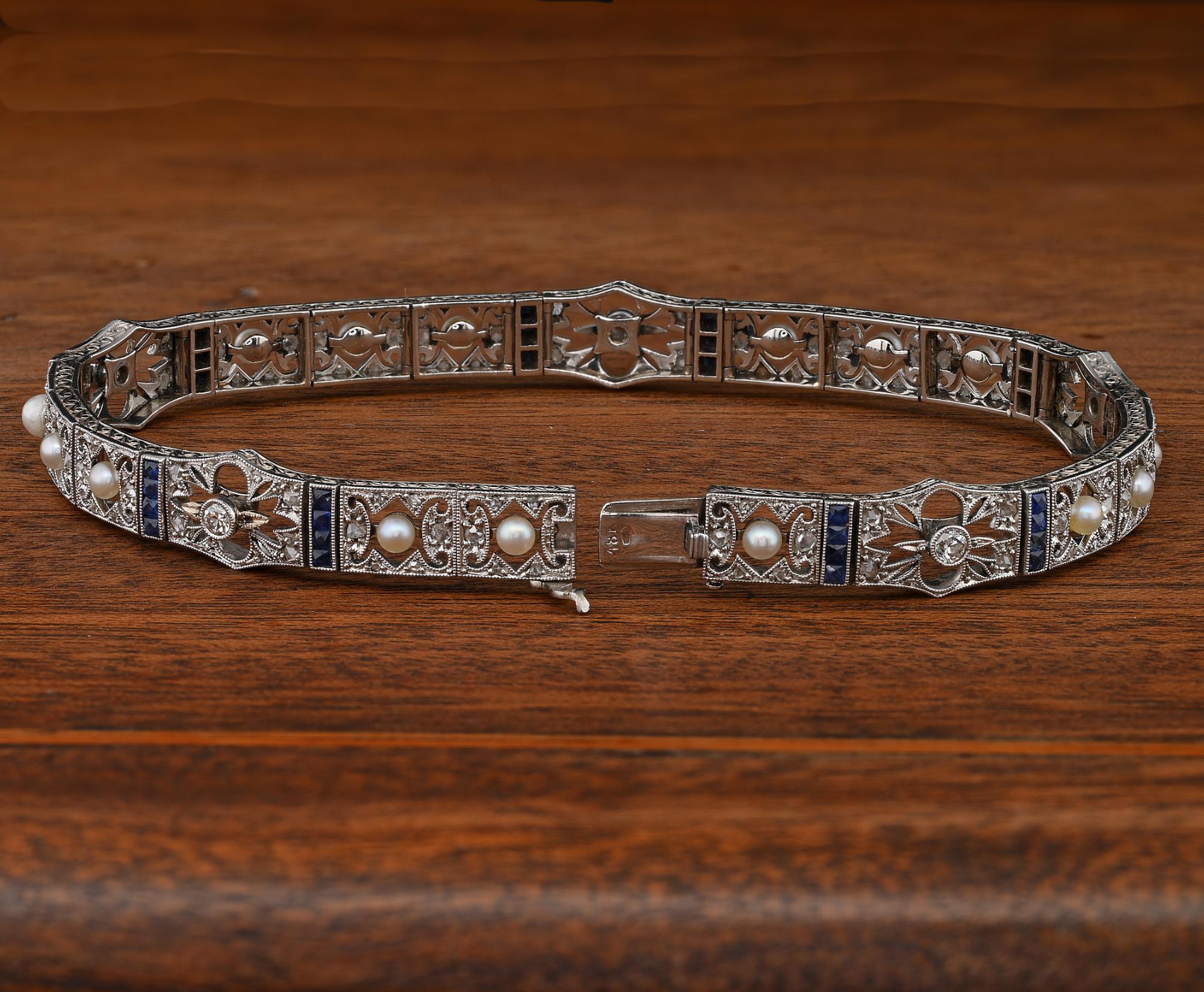 Edwardian Rare Natural Pearl Rose Diamond Sapphire 18 KT Filigree Bracelet For Sale 1
