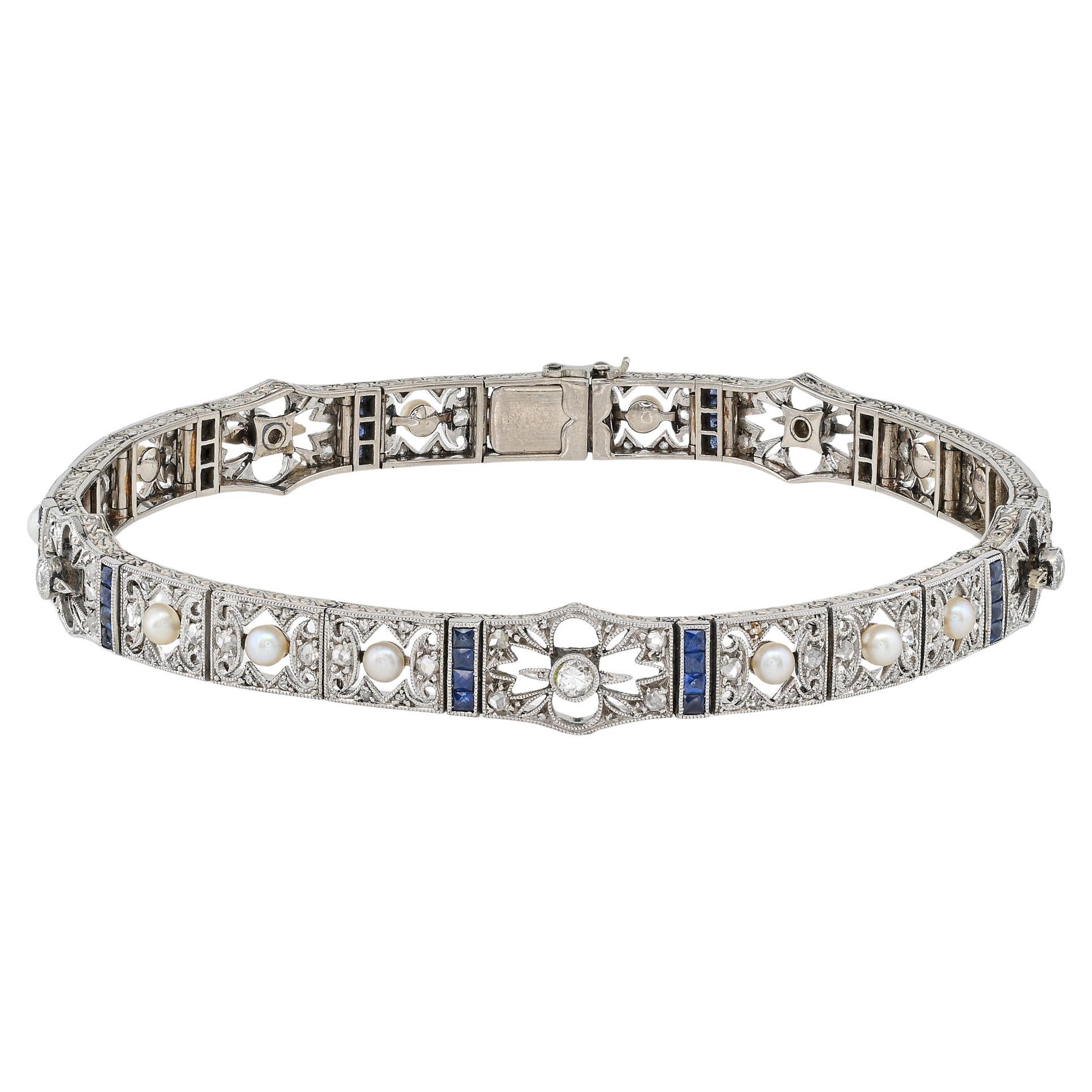 Edwardian Rare Natural Pearl Rose Diamond Sapphire 18 KT Filigree Bracelet