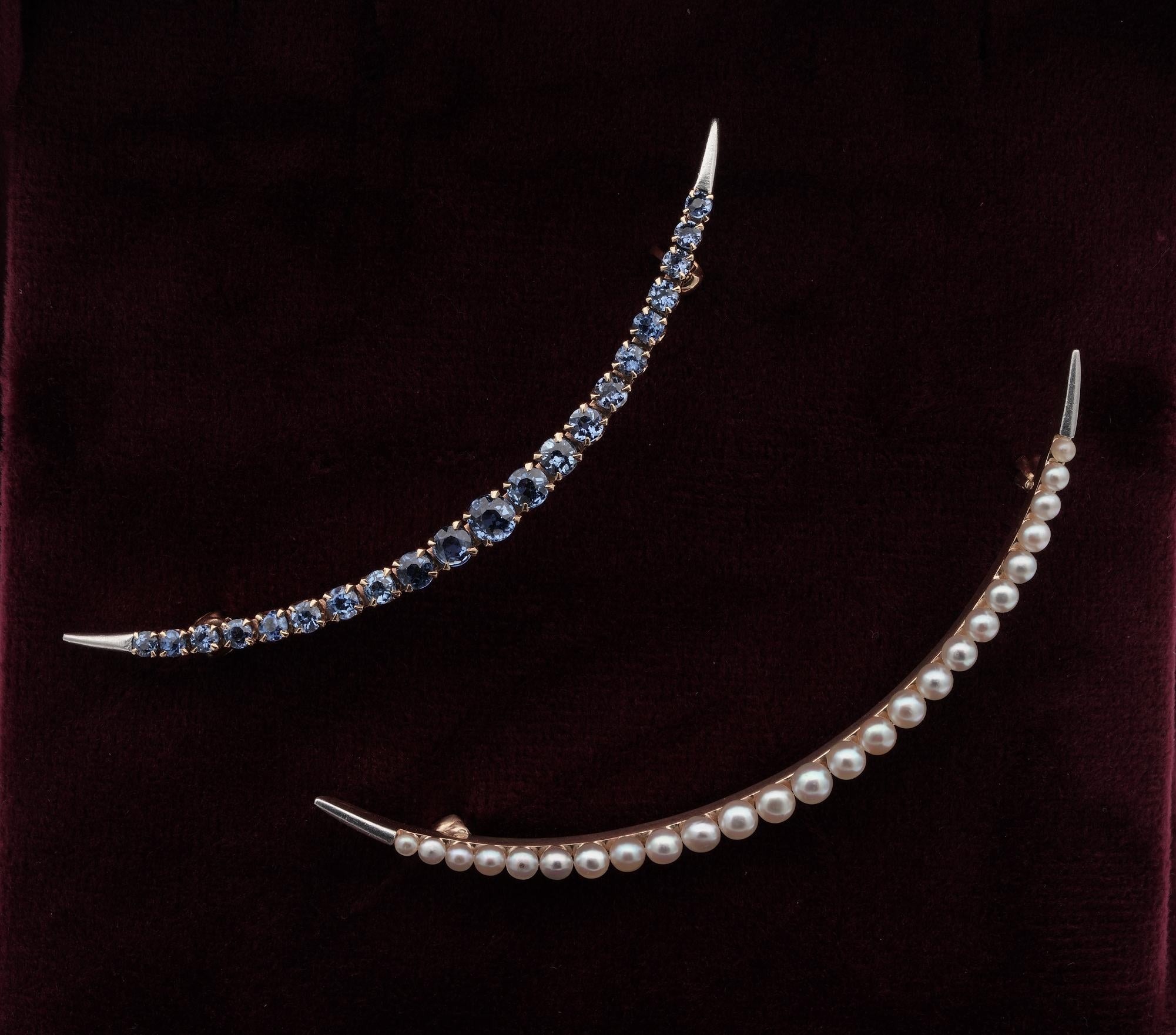 The Rarity Corner

Beautiful and rare coming in couple these amazing twin brooches in the collectable shape of Crescent Moon classic theme of the celestial jewellery in vogue during the Victorian and Edwardian period – 1900 ca
Hand crafted of solid