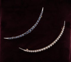 Edwardian Rare Twin Celestial Crescent Brooches Natural Pearls Natural Sapphire