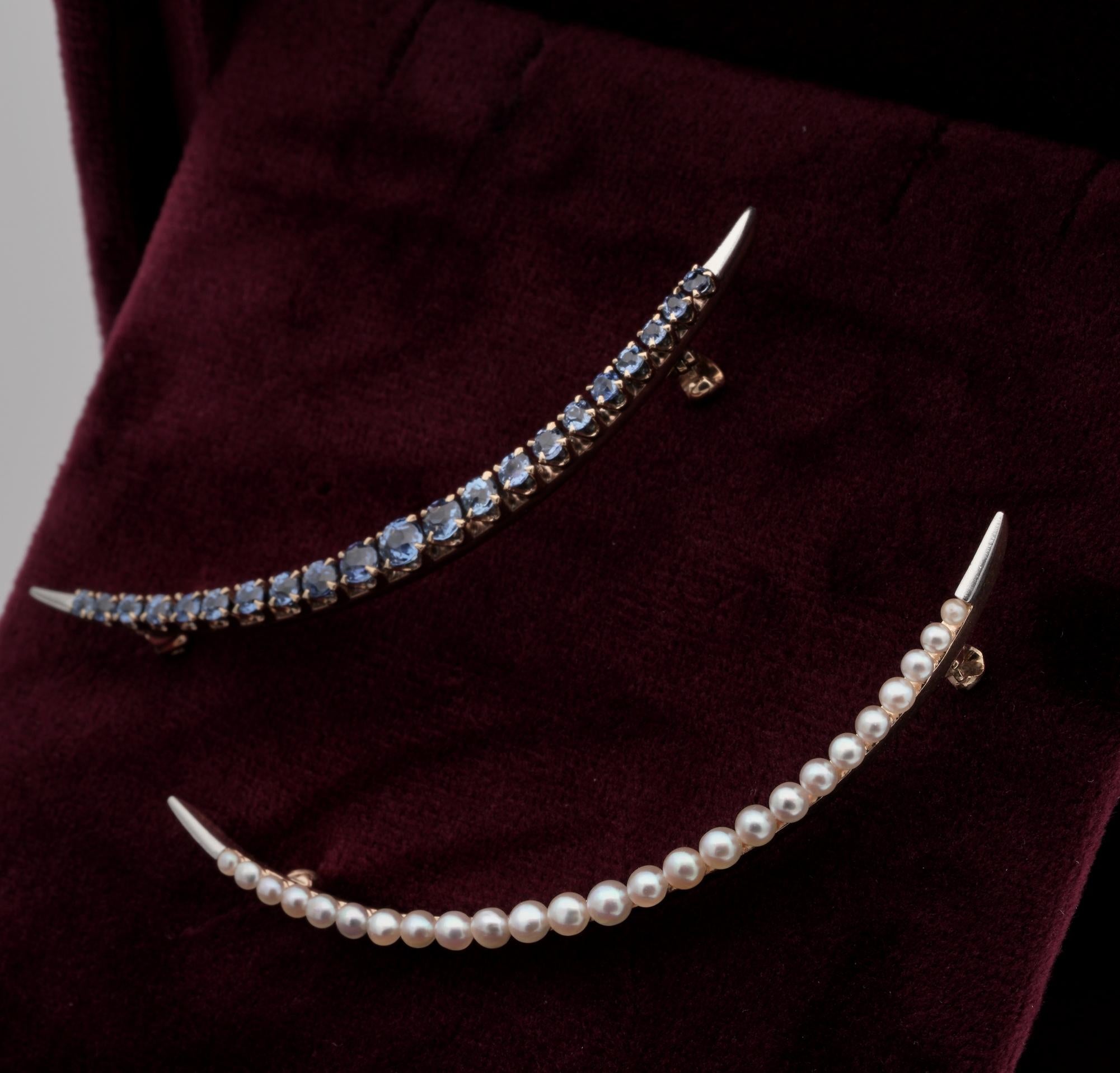 Edwardian Rare Twin Celestial Crescent Brooches Natural Pearls Natural Sapphire For Sale 1