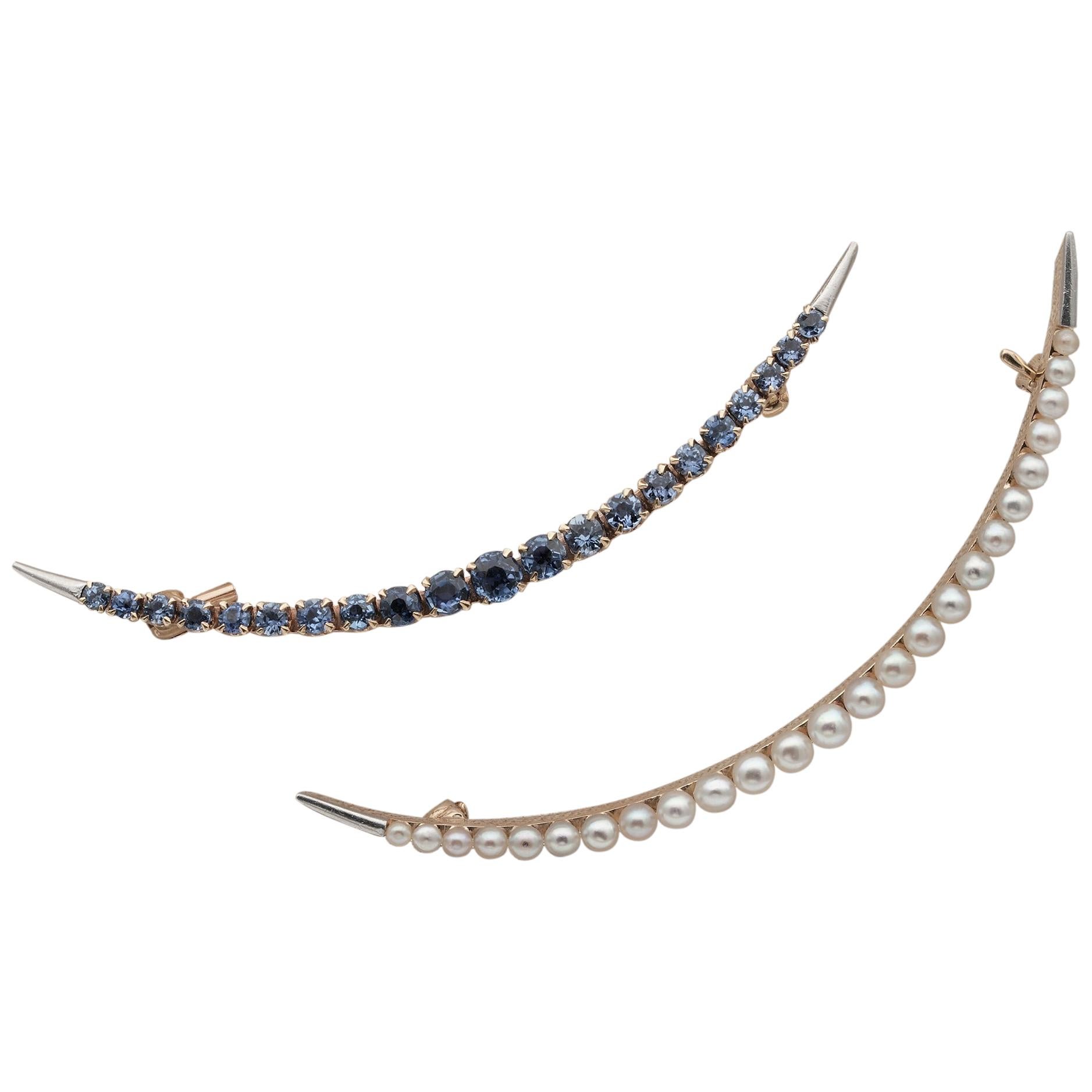Edwardian Rare Twin Celestial Crescent Brooches Natural Pearls Natural Sapphire For Sale