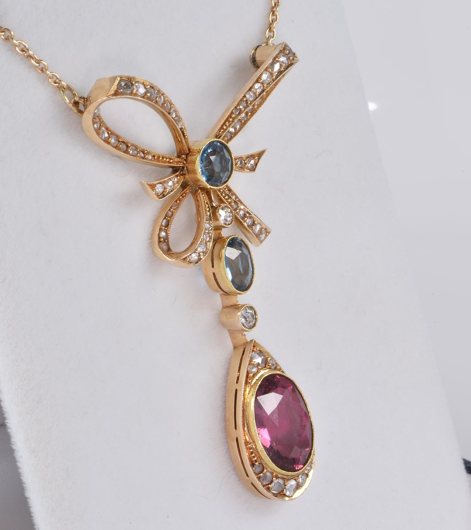 This enchanting Edwardian period necklace is 1910 ca
Exquisite and feminine bow design with suspended drop all set with rare gemstones, untreated and unheated, skillfully rendered of solid 18 Kt gold
Set with a beautiful 4.00 carat natural