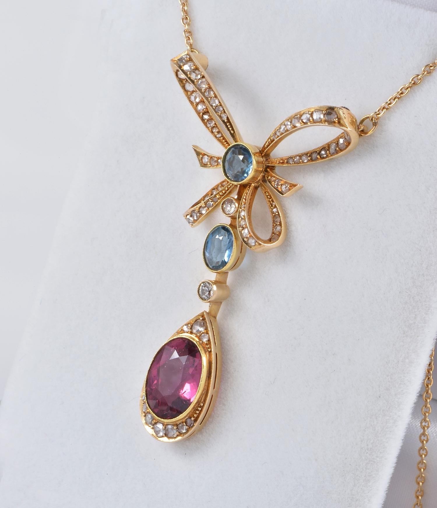 Oval Cut Edwardian Red & Blue Tourmaline Diamond 18 Kt Lavaliere Necklace For Sale