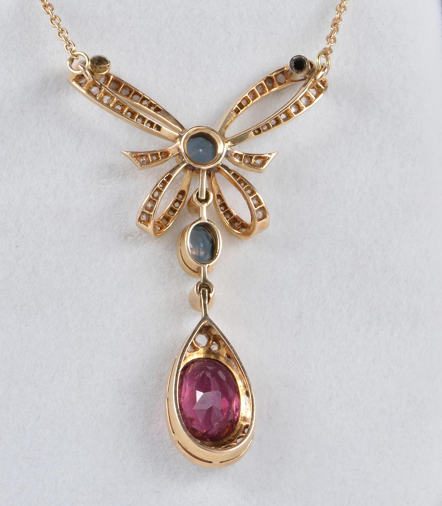 Edwardian Red & Blue Tourmaline Diamond 18 Kt Lavaliere Necklace In Good Condition For Sale In Napoli, IT