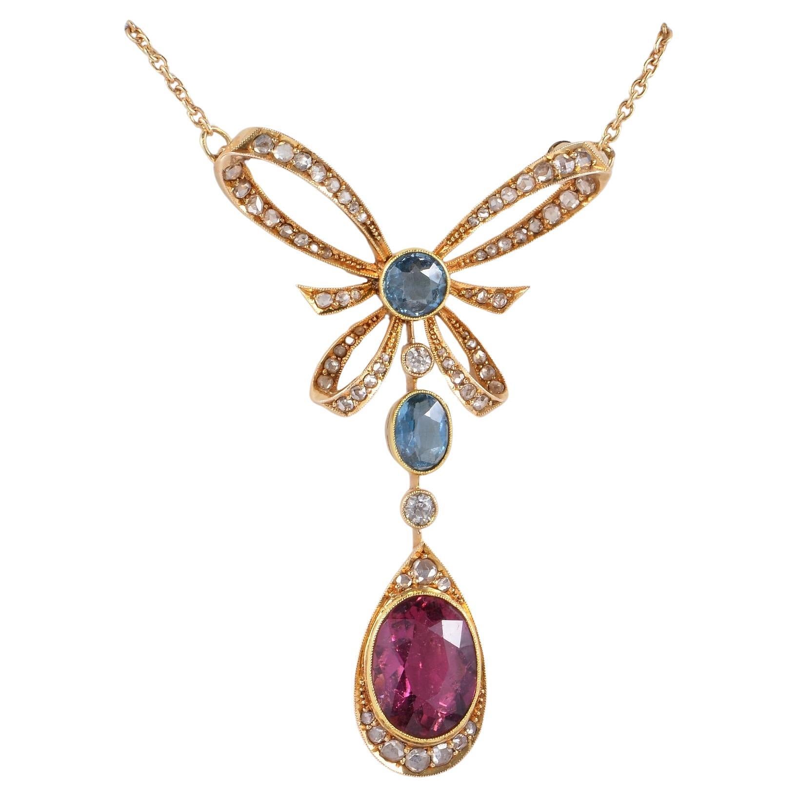 Edwardian Red & Blue Tourmaline Diamond 18 Kt Lavaliere Necklace For Sale
