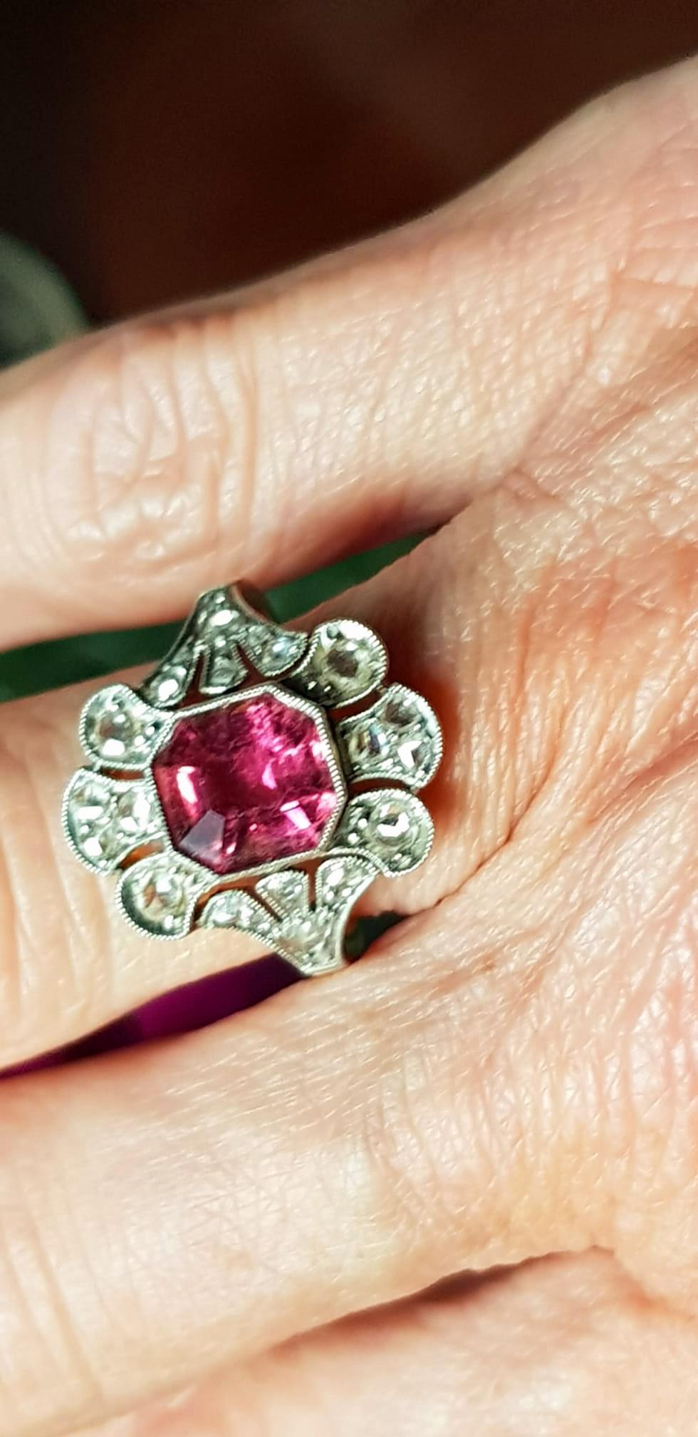 Edwardian Reddish-Pink Tourmaline and Rose Cut  Diamond Ring (1901-1914) For Sale 6