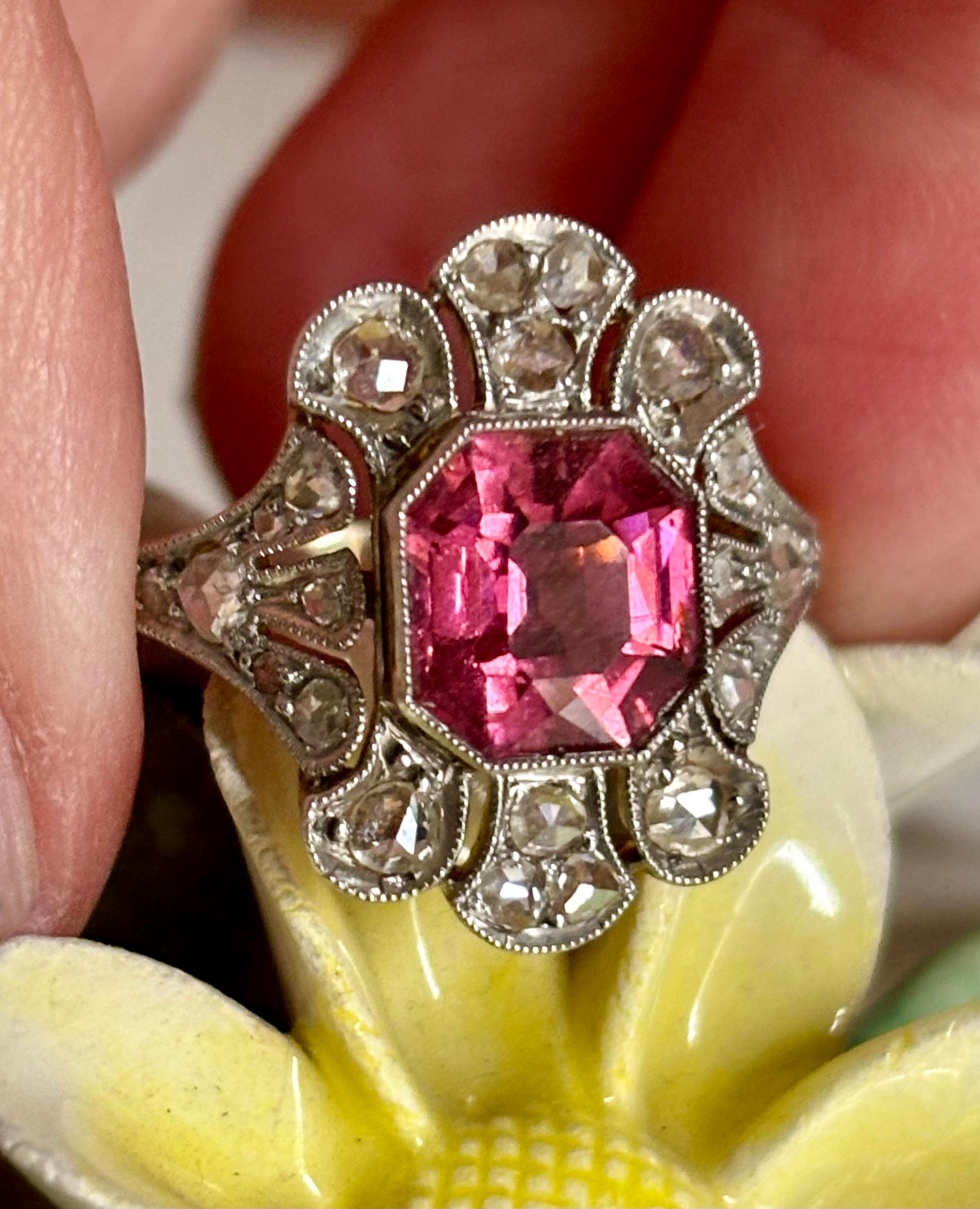 Emerald Cut Edwardian Reddish-Pink Tourmaline and Rose Cut  Diamond Ring (1901-1914) For Sale