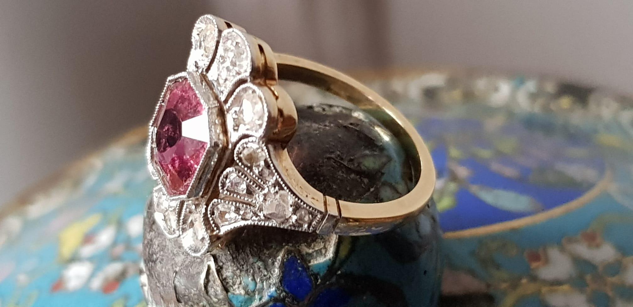 Edwardian Reddish-Pink Tourmaline and Rose Cut  Diamond Ring (1901-1914) For Sale 2
