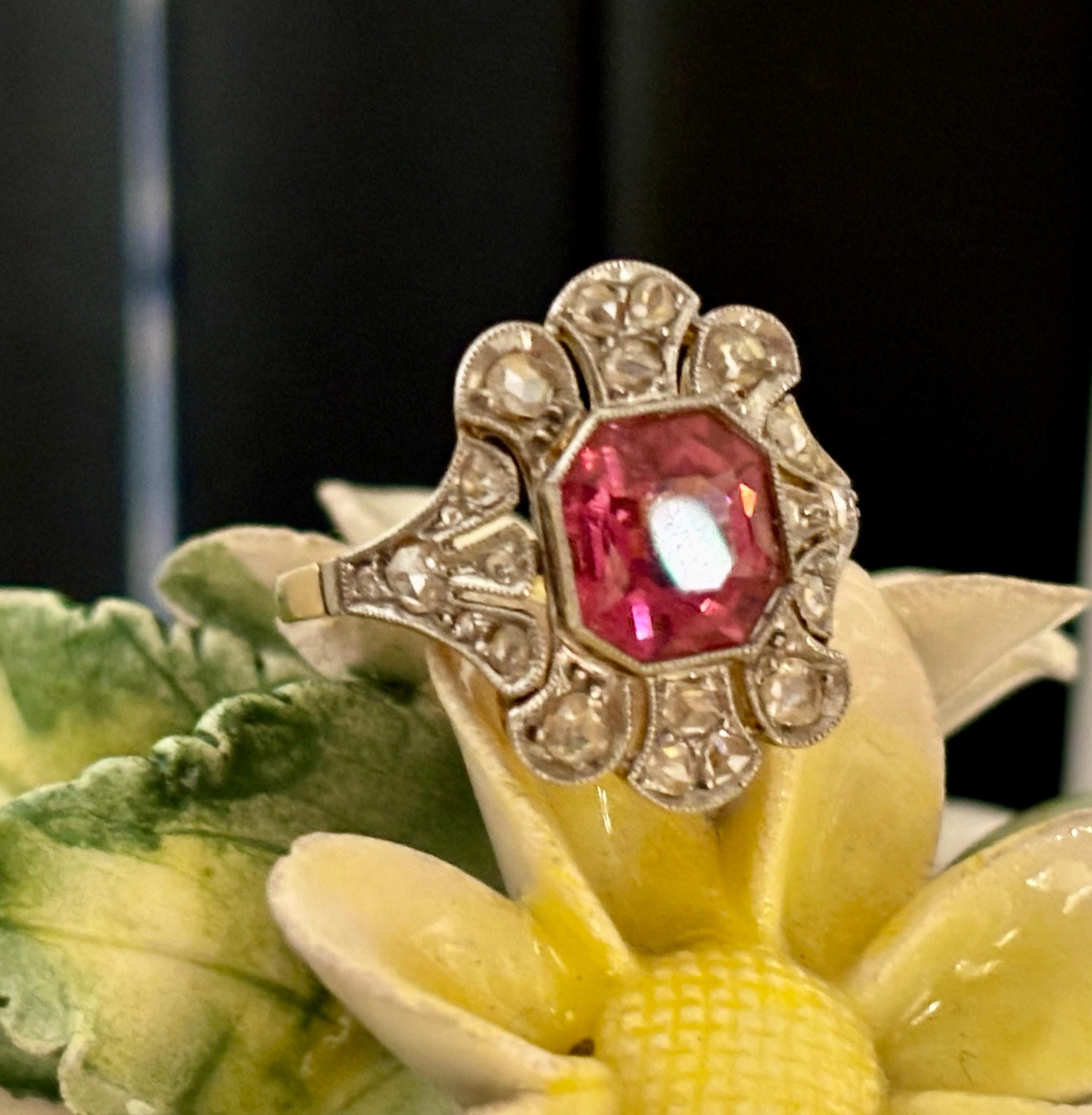 Edwardian Reddish-Pink Tourmaline and Rose Cut  Diamond Ring (1901-1914) For Sale 3
