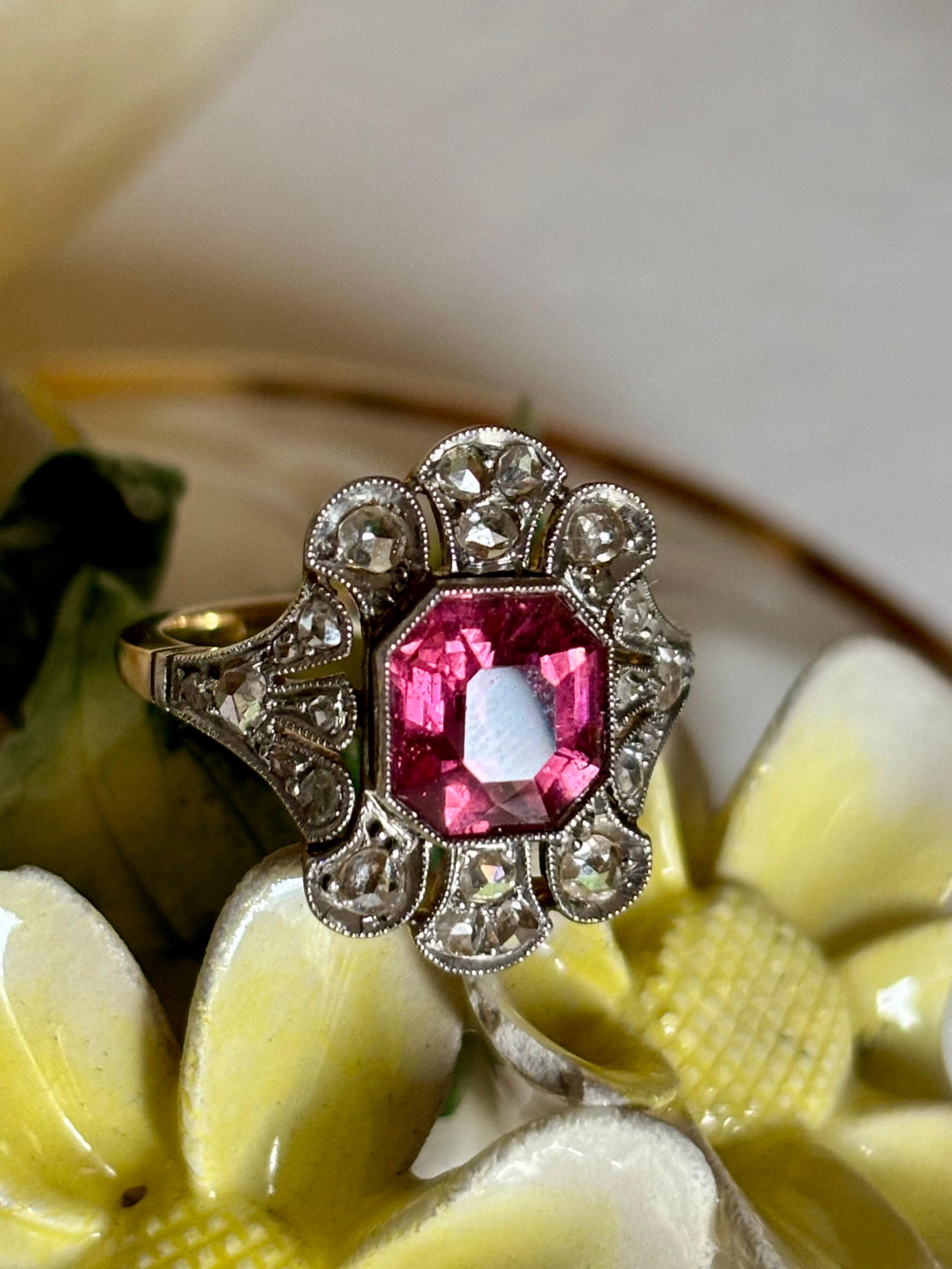 Edwardian Reddish-Pink Tourmaline and Rose Cut  Diamond Ring (1901-1914) For Sale 4