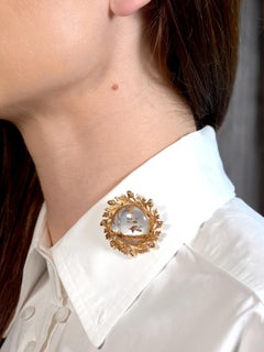 Edwardian Reverse Carved Essex Crystal 14K Gold Quail Acorn Antique Brooch