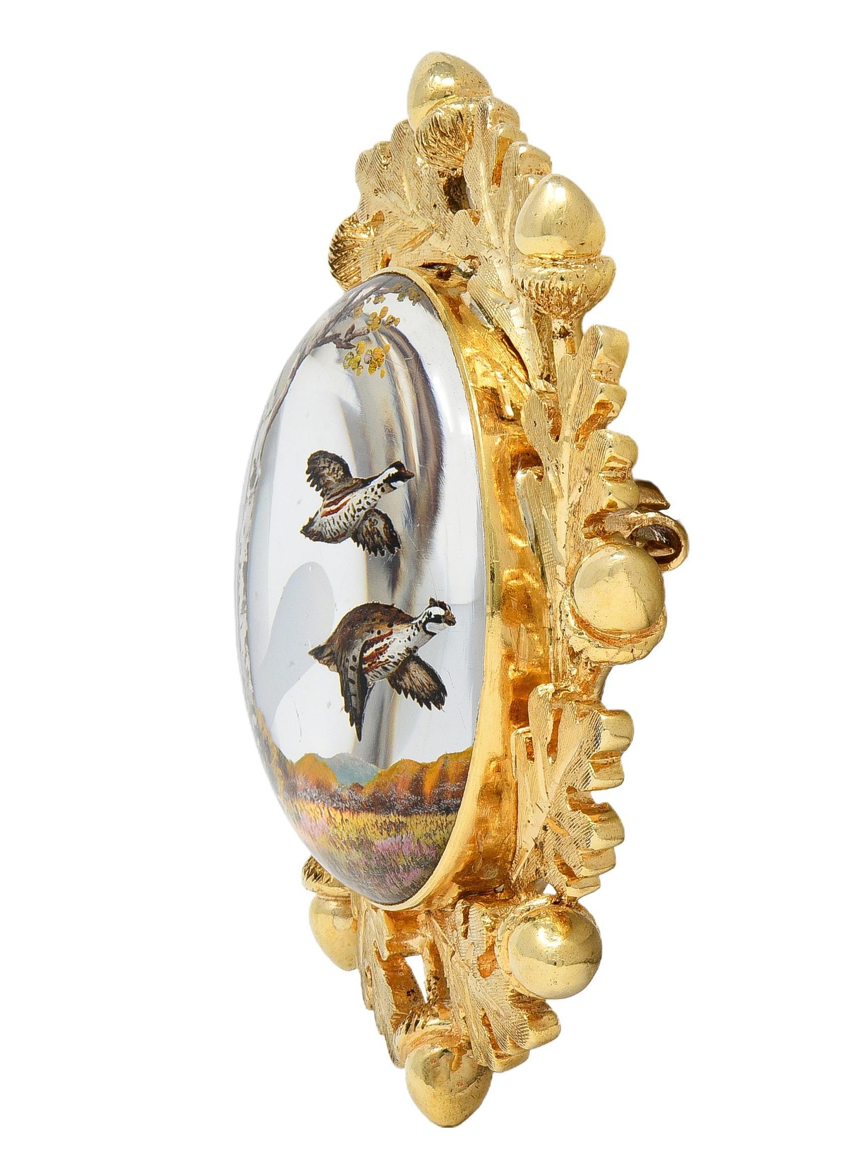 Edwardian Reverse Carved Essex Crystal 14K Gold Quail Acorn Antique Brooch Eduardiano en venta