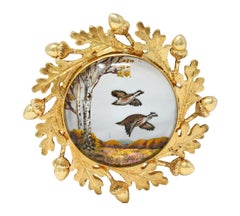 Edwardian Reverse Carved Essex Crystal 14K Gold Quail Acorn Antique Brooch