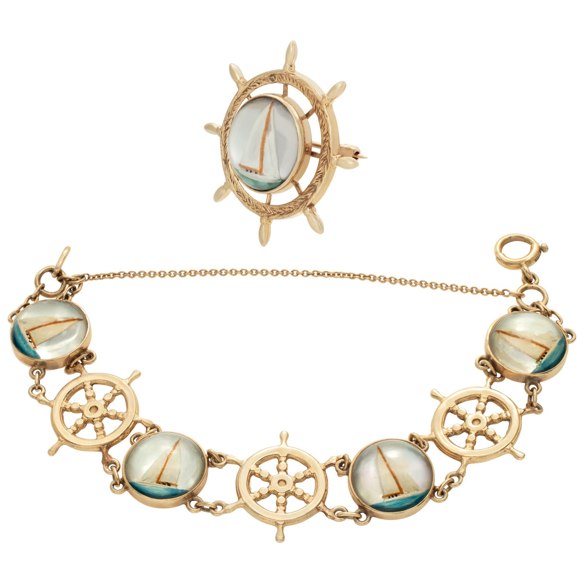 Edwardian square Reverse Intaglio Essex Crystal handpainted nautical bracelet & broach set, in 14k yellow gold. Bracelet will fit up to 7 inch wrist.