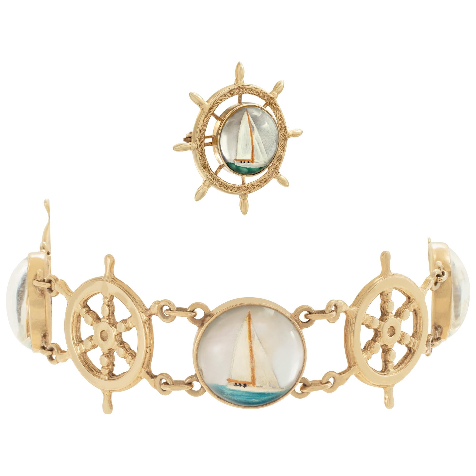 Edwardian Reverse Intaglio Essex Crystal 14K gold nautical bracelet & broach set In Excellent Condition For Sale In Surfside, FL
