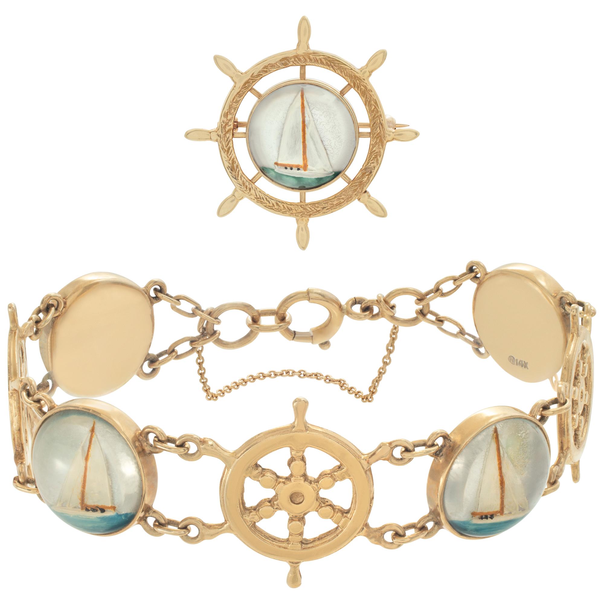 Edwardian Reverse Intaglio Essex Crystal 14K gold nautical bracelet & broach set For Sale