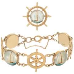 Edwardian Reverse Intaglio Essex Crystal 14K gold nautical bracelet & broach set
