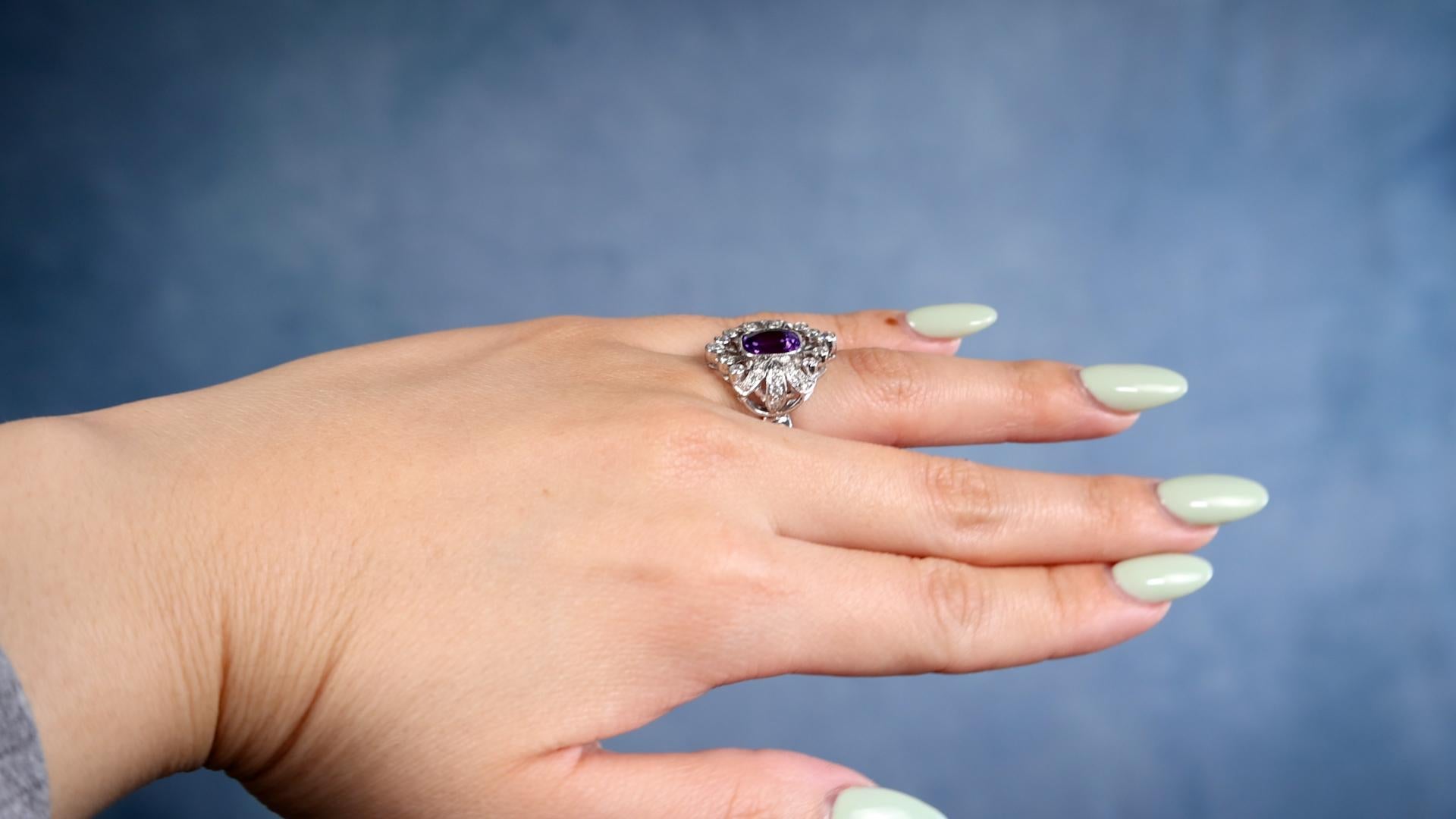 Cushion Cut Edwardian Revival Amethyst Diamond Platinum Ring For Sale