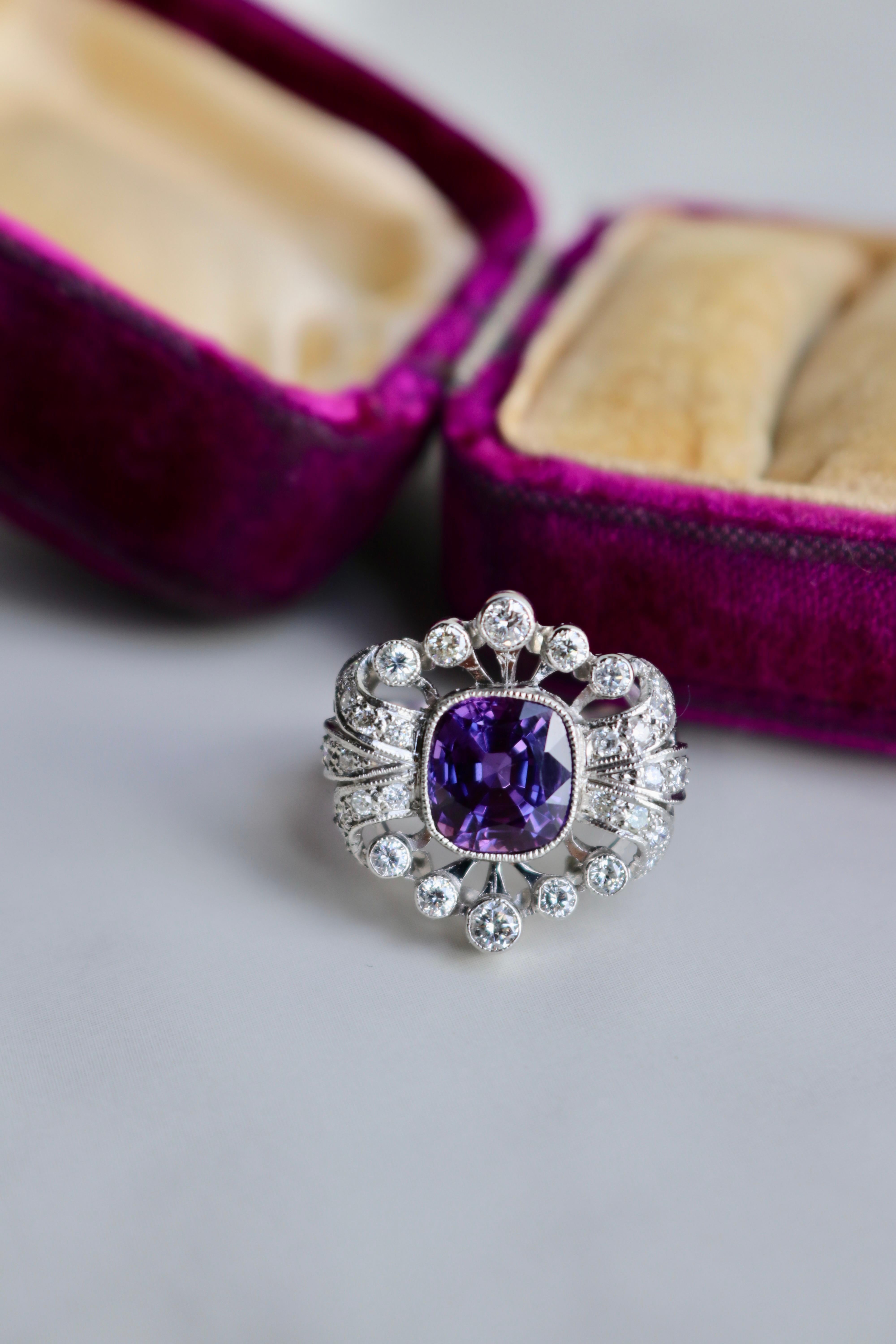 Women's or Men's Edwardian Revival Amethyst Diamond Platinum Ring For Sale
