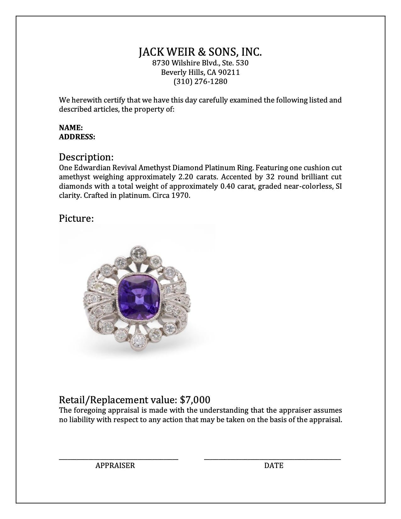 Edwardian Revival Amethyst Diamond Platinum Ring For Sale 1