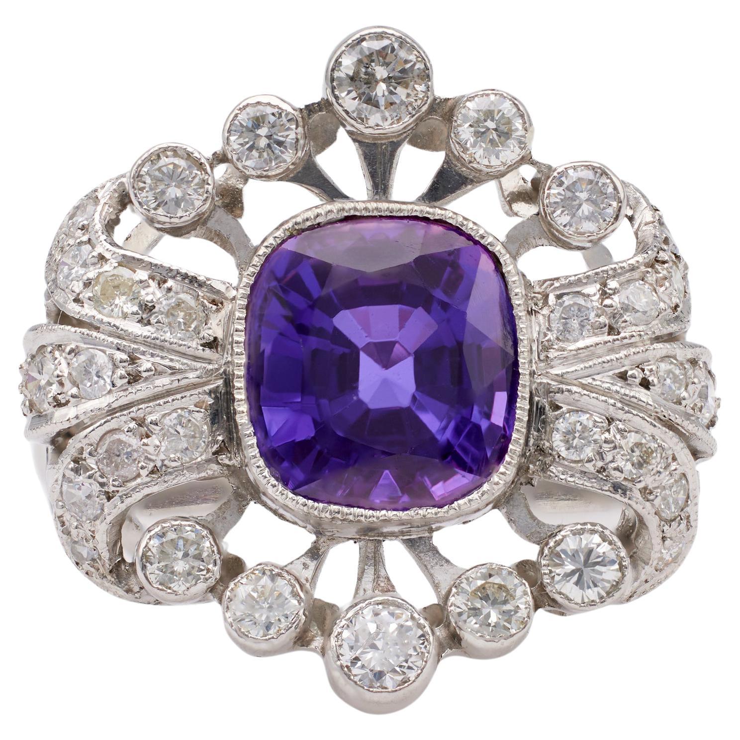 Edwardian Revival Amethyst Diamond Platinum Ring For Sale