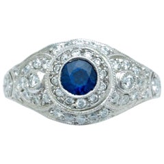 Edwardian Revival Blue Sapphire Platinum Pave Diamonds Engagement Ring Dome
