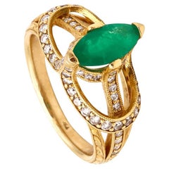 Edwardian Revival Cocktail Ring 18Kt Yellow Gold 2.07 Cts in Diamonds Emerald