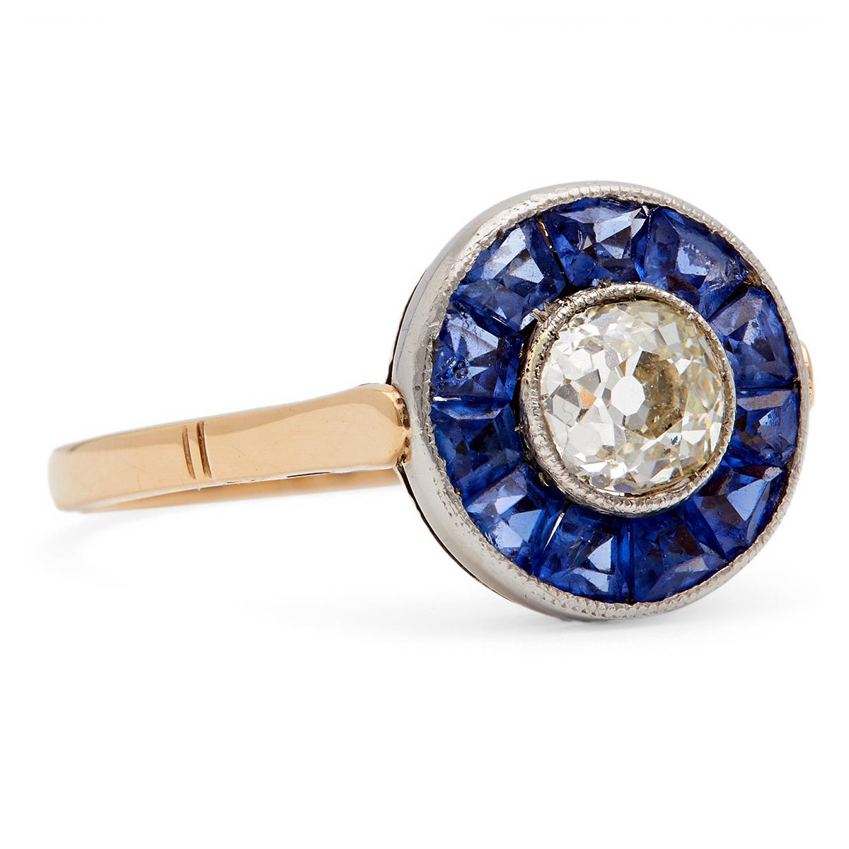 Edwardian Revival Old Mine Cut Diamond and Sapphire 18k Yellow Gold Platinum Tar For Sale 1