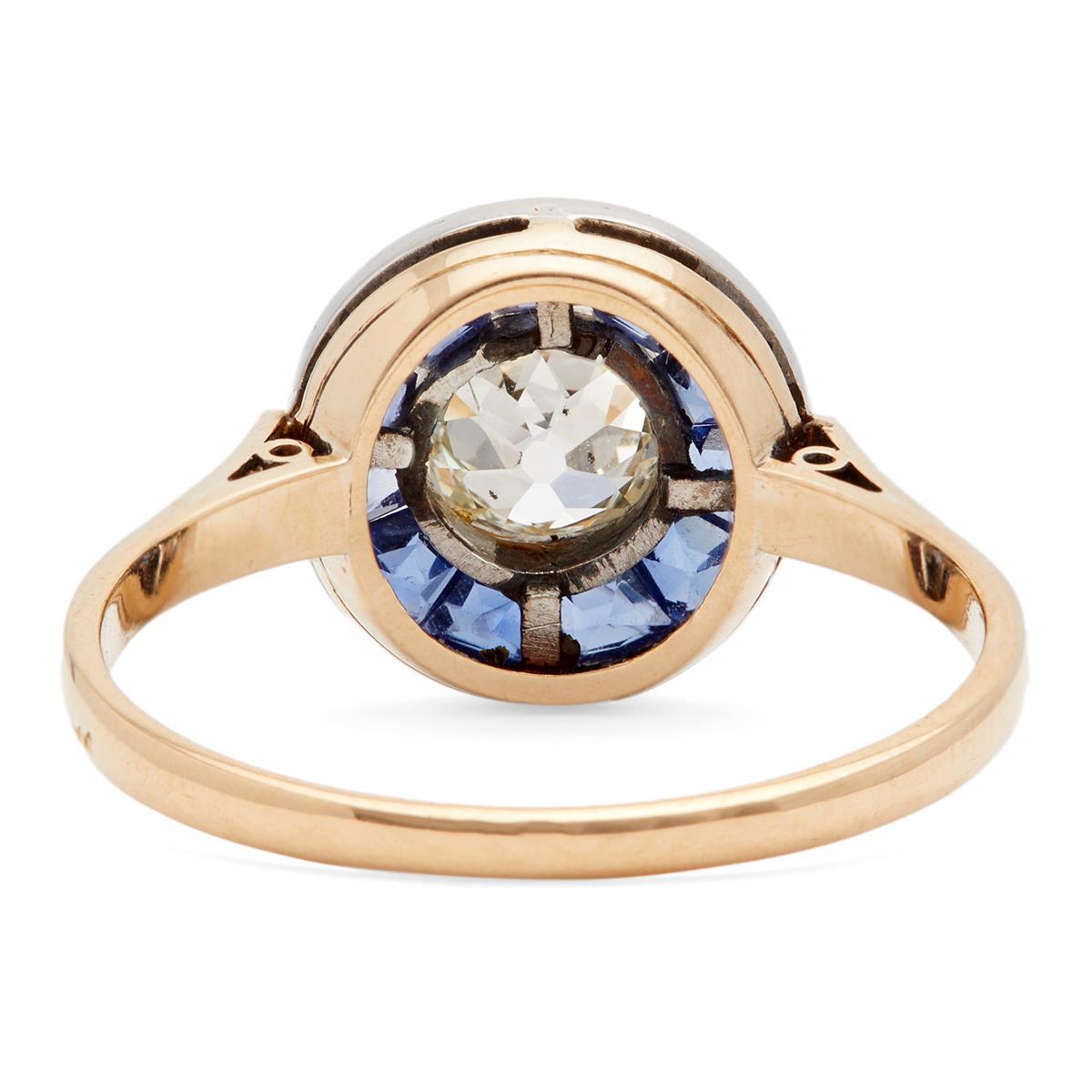 Edwardian Revival Old Mine Cut Diamond and Sapphire 18k Yellow Gold Platinum Tar For Sale 2