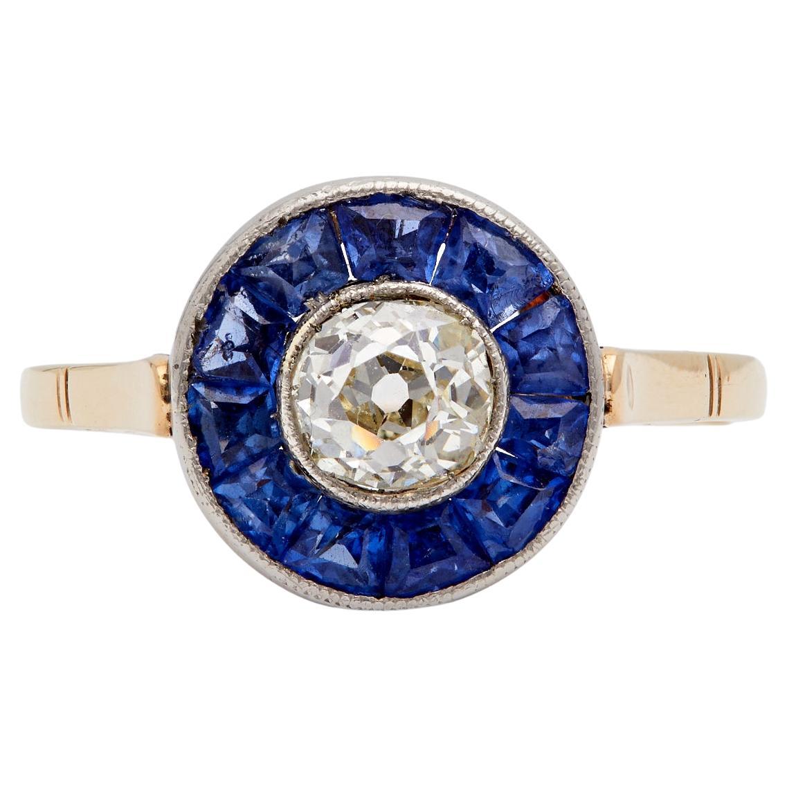 Edwardian Revival Old Mine Cut Diamond and Sapphire 18k Yellow Gold Platinum Tar For Sale