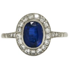 Edwardian Revival Sapphire Engagement Ring Oval Diamond Halo 2.25 Carat Total