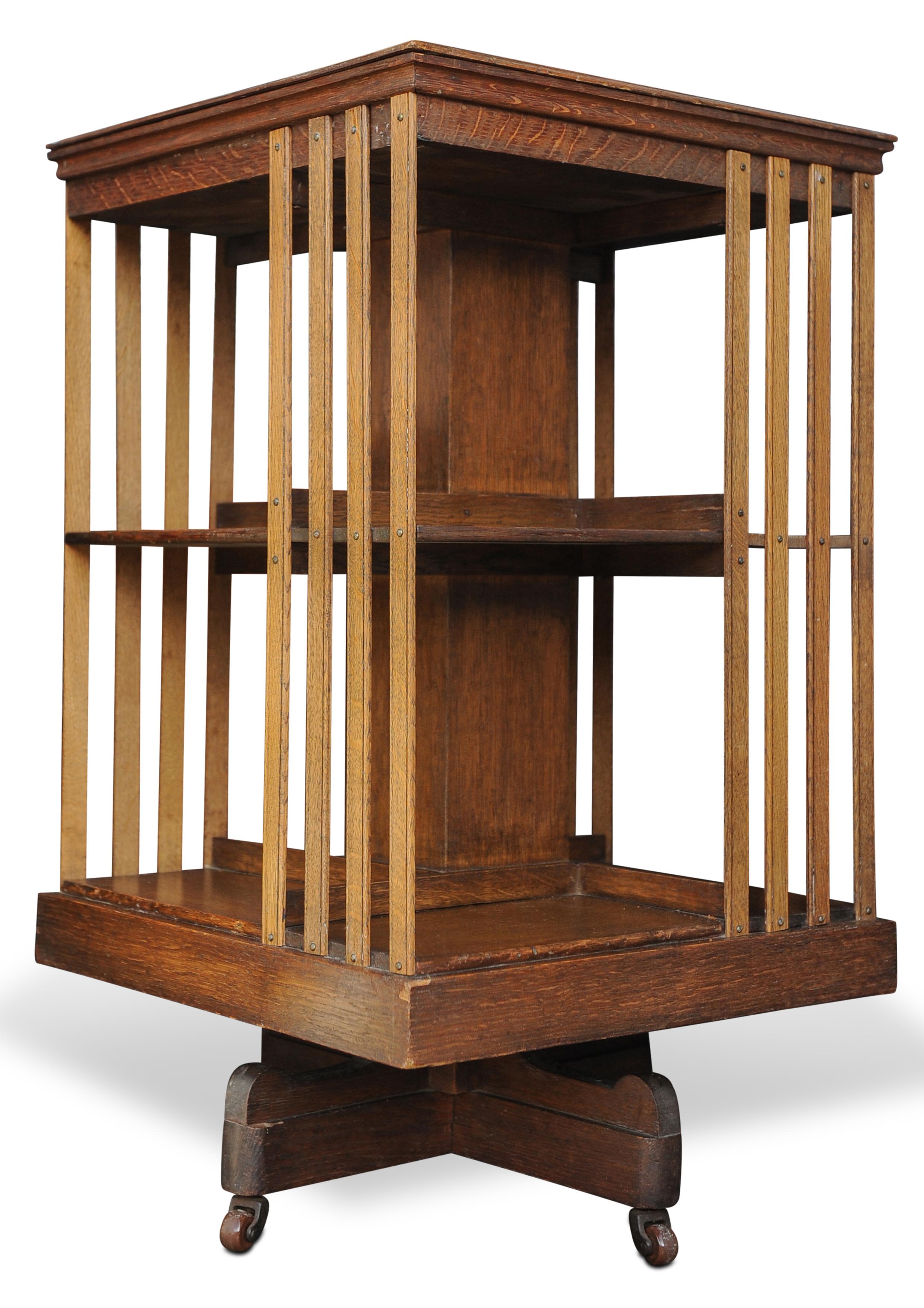 Edwardian Revolving Two Tier Oak Library Bookcase With Porcelain Castors  In Good Condition For Sale In High Wycombe, GB