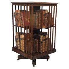 Used Edwardian Revolving Two Tier Oak Library Bookcase With Porcelain Castors 