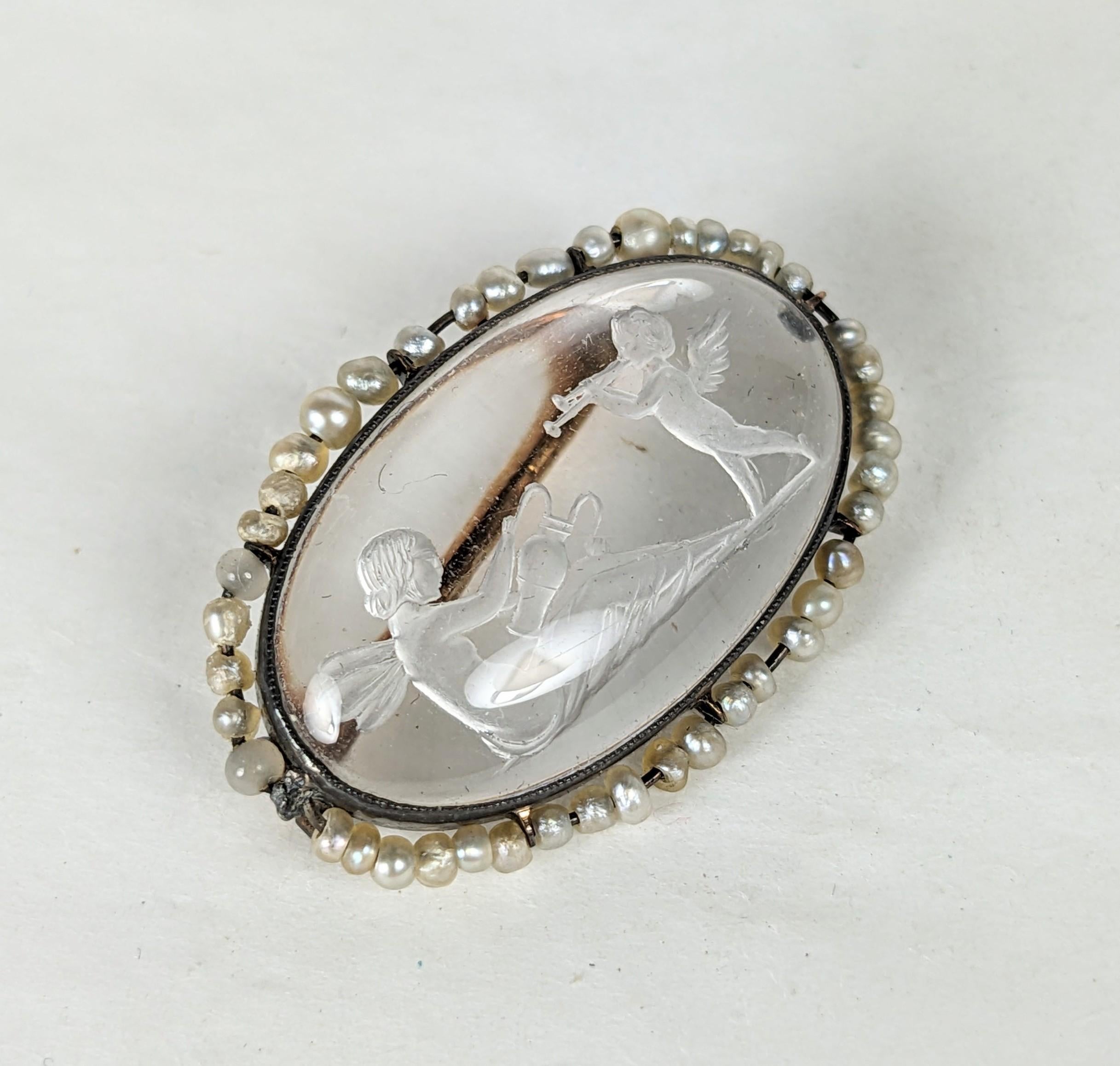Cabochon Edwardian Rock Crystal Intaglio and Seed Pearl Brooch For Sale