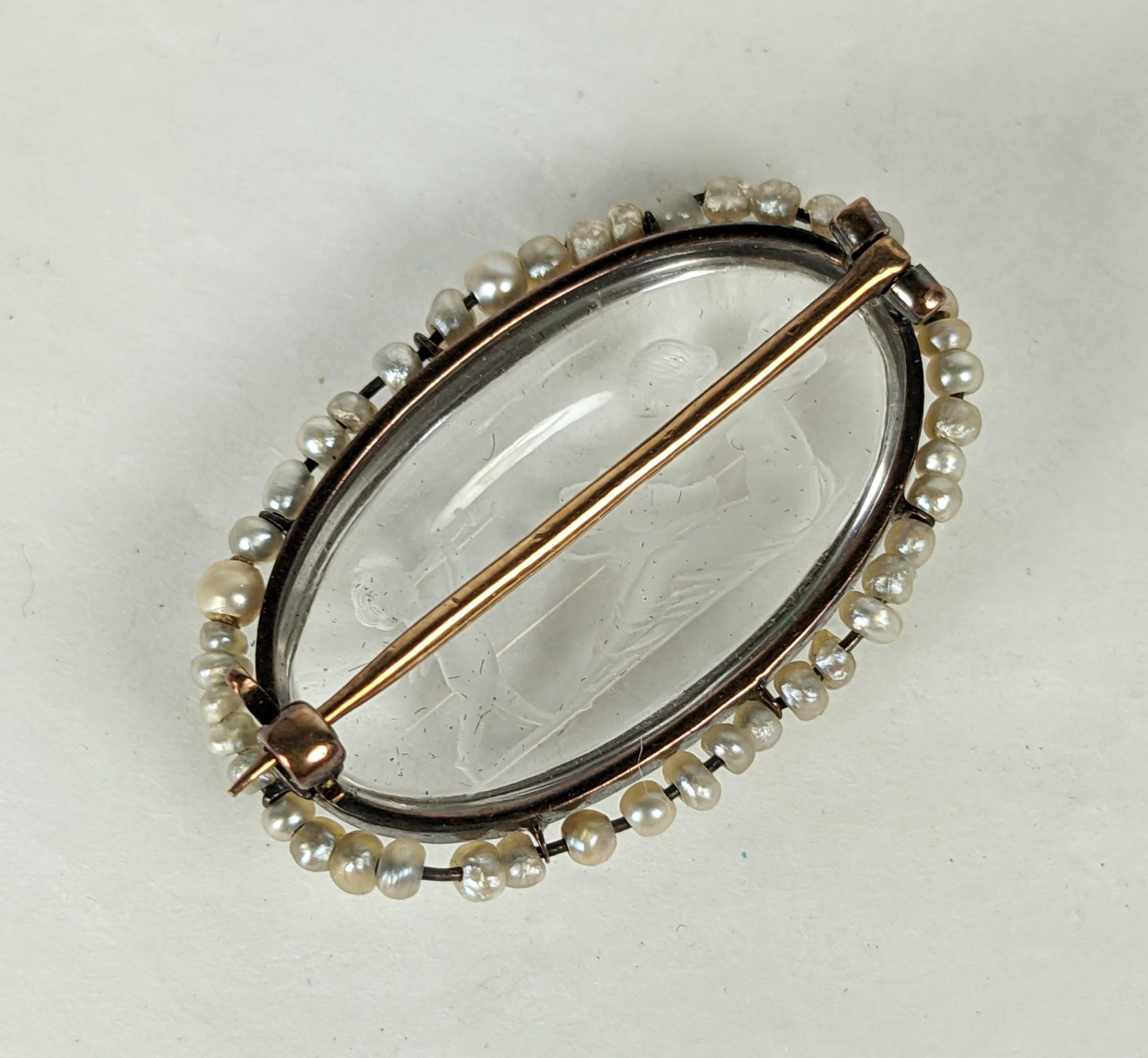 Women's or Men's Edwardian Rock Crystal Intaglio and Seed Pearl Brooch For Sale