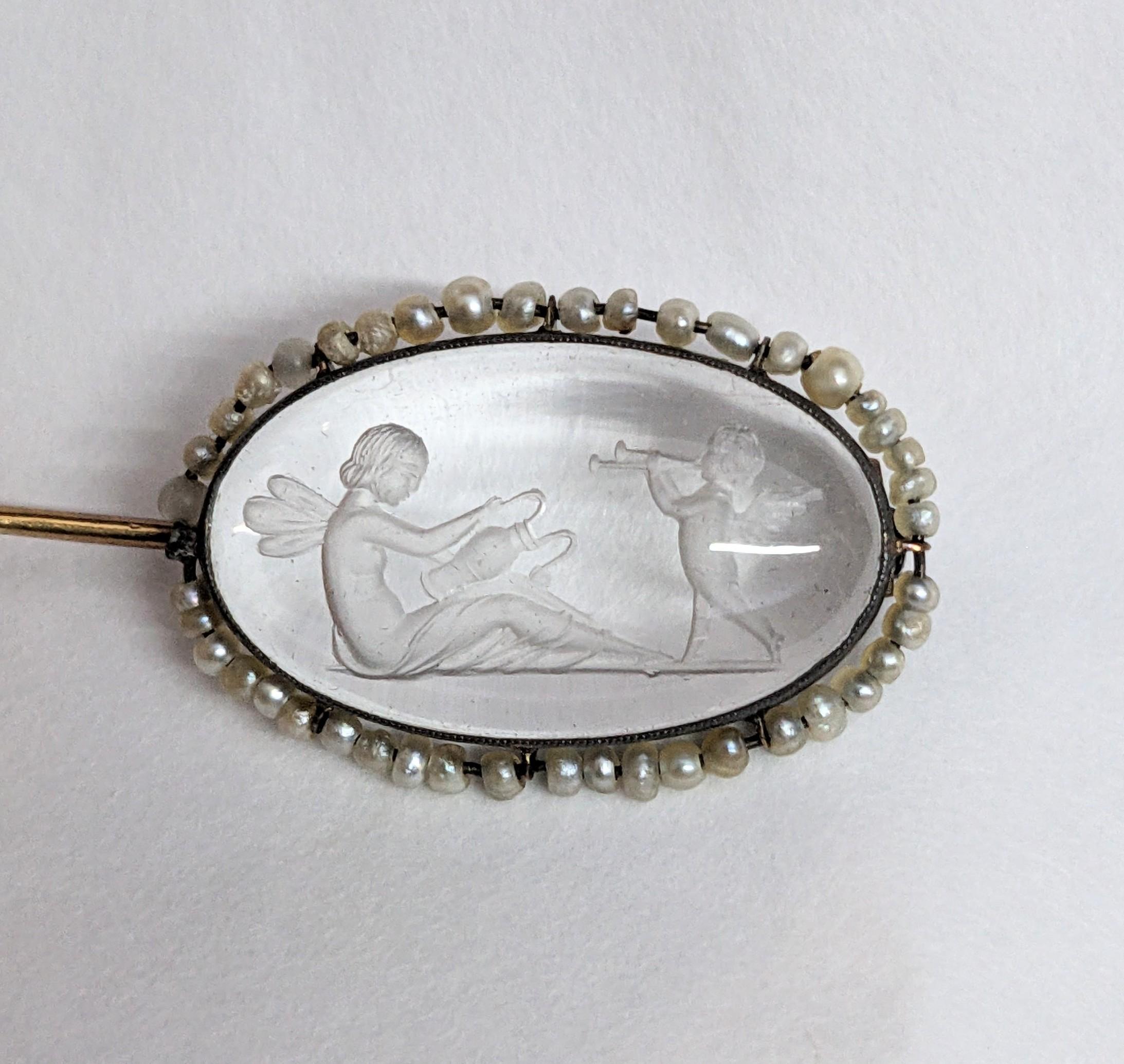 Edwardian Rock Crystal Intaglio and Seed Pearl Brooch For Sale 1