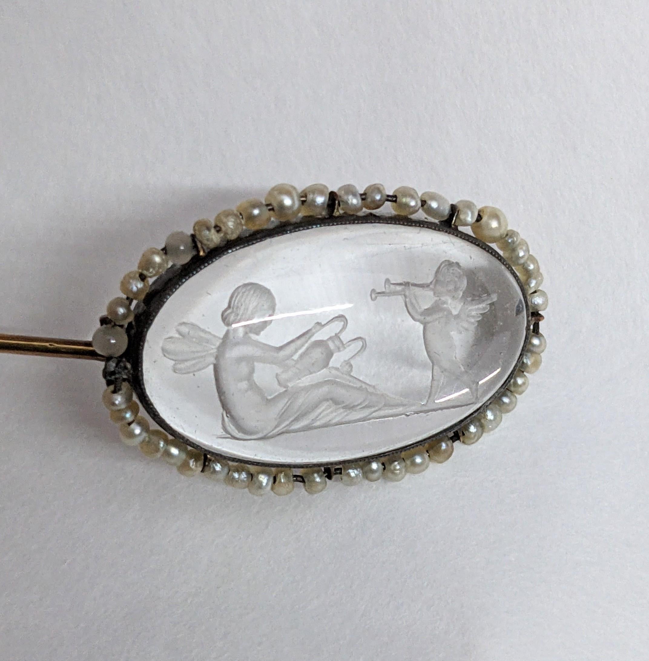 Edwardian Rock Crystal Intaglio and Seed Pearl Brooch For Sale 2