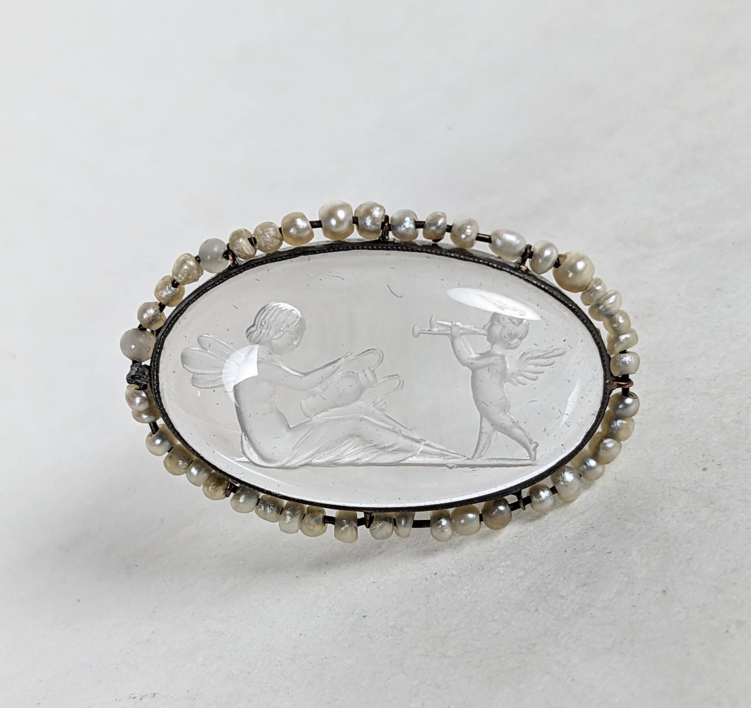 Edwardian Rock Crystal Intaglio and Seed Pearl Brooch For Sale 3